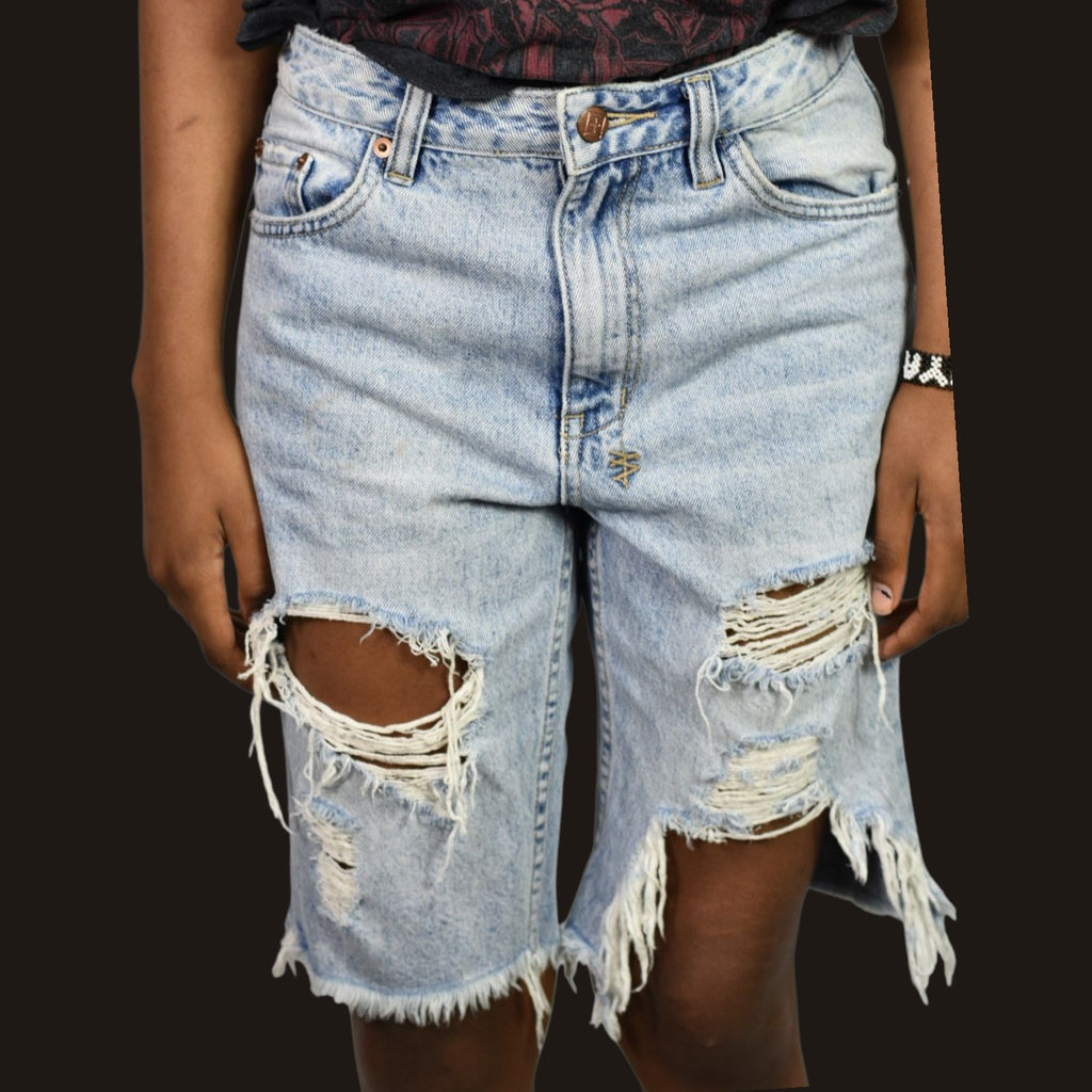 Ksubi Jean Shorts Light Blue Destroyed Heavy Distressed Denim Longline Mid Rise Cutoff Raw Hem Cotton 26