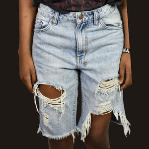 Ksubi Jean Shorts Light Blue Destroyed Heavy Distressed Denim Longline Mid Rise Cutoff Raw Hem Cotton 26