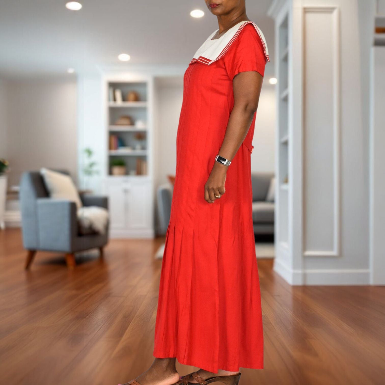 Vintage Sarah Elizabeth Sailor Collar Maxi Dress Red White Nautical Rayon Column Pleated Retro Flapper Medium