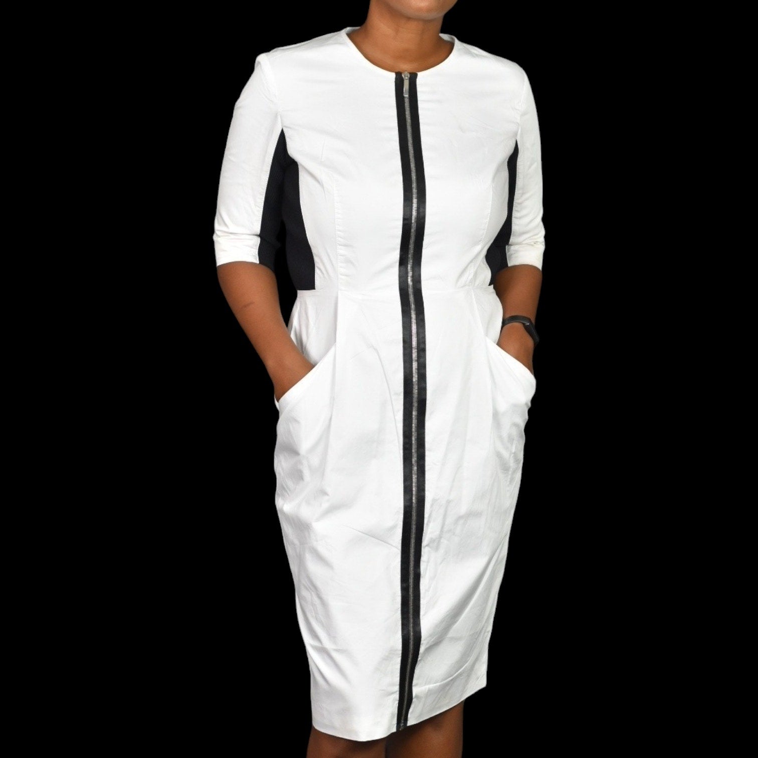 Proenza Schouler Zip Front Dress White Black Cotton Zip Front  Pockets Sheath Shirtdress Size 8