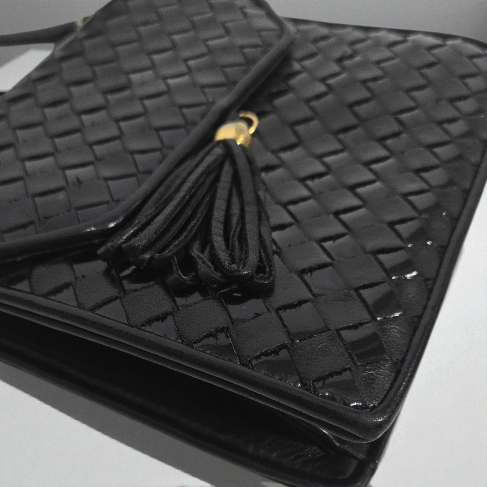 Vintage Talbots Woven Tassel Bag Black Leather Crossbody Mini Box Square Snap Flap Envelope