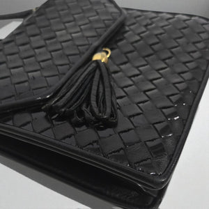 Vintage Talbots Woven Tassel Bag Black Leather Crossbody Mini Box Square Snap Flap Envelope