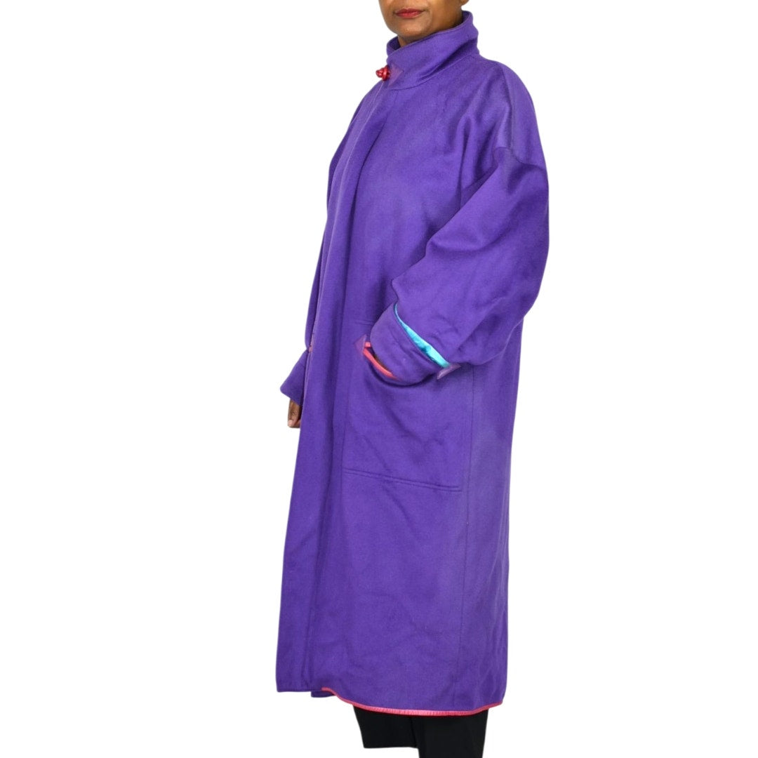 Vintage Purple Maxi Coat 90s Zip Felted Wool Blend Oversized Leather Trim Long Large OSFM