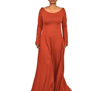 Soft Surroundings Maxi Dress Orange Clay Jersey Long Stretch Fit Flare Boatneck Medium