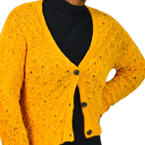 American Eagle Cropped Cardigan Sweater Yellow Slouchy Crochet Cotton Blend Knit Boxy V Neck XS