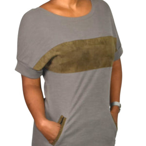 Allsaints Diego Tee Dress Grey Cotton Suede Colorblock Shift Knit Mini Pockets Minimalist XS