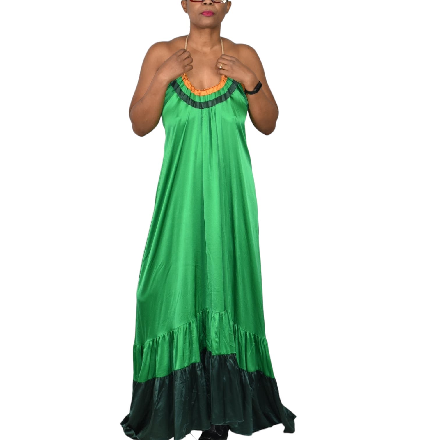 Love Binetti Halter Dress Green Silk Satin Maxi Sundress Draped Tent Oversized Lounge Patio Flowy Size Medium