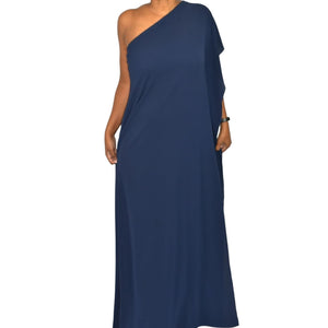 VICI Tyche One Shoulder Dress Blue Caftan Grecian Goddess Maxi Side Slit Draped Size Small