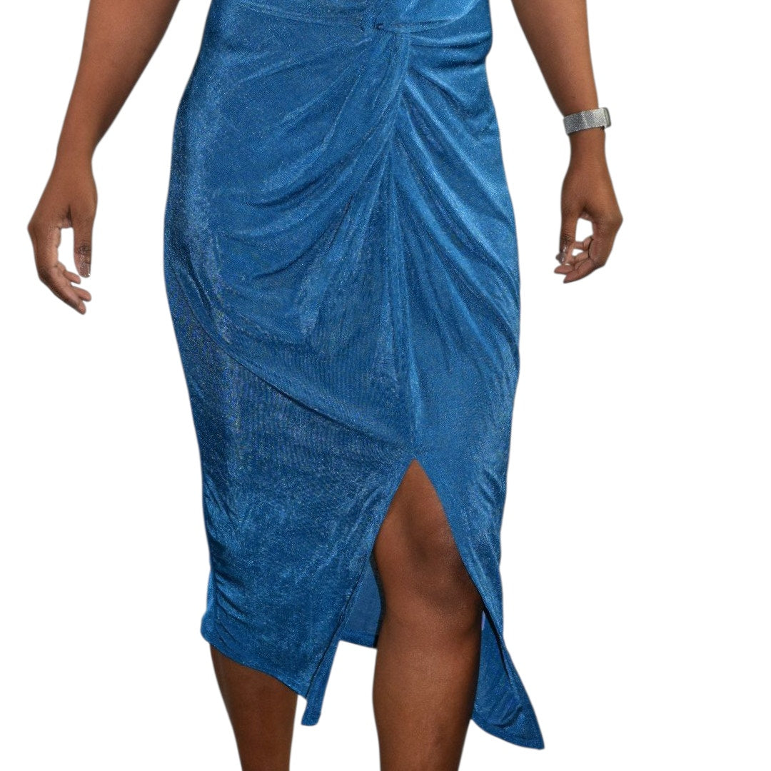 Floerns Dress Teal Blue Jersey Midi Ruched Knot Front Slit Shimmer Stretch Draped XL
