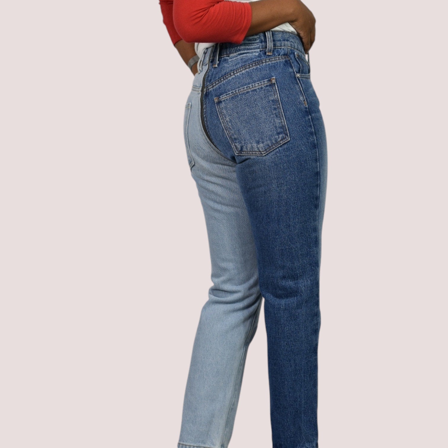 Revice Ying Yang Crop Jeans Blue Two Tone Denim Straight Front to Back Zipper High Waisted 27