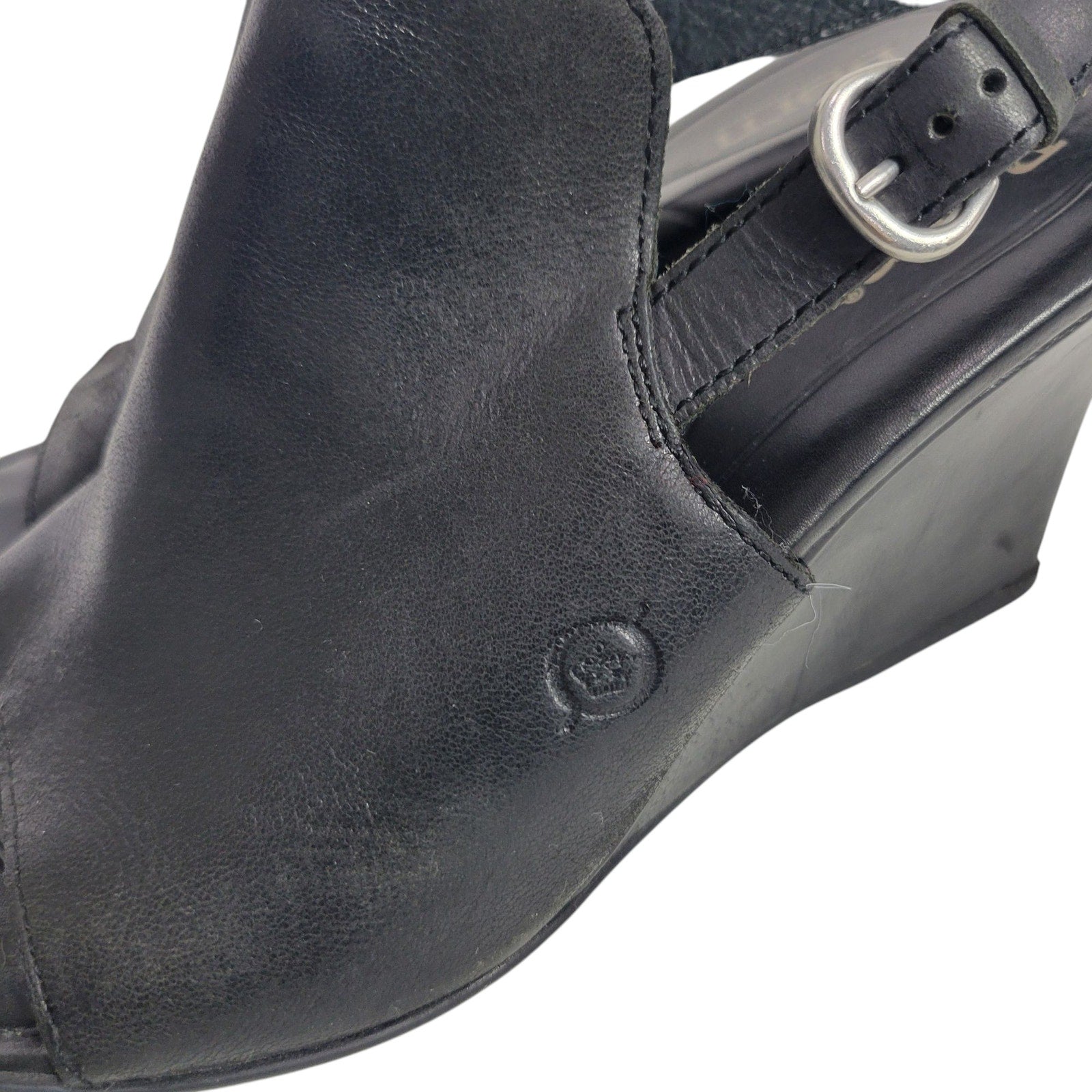 Born Bevi Wedge Heels Black Open Toe Leather Slingback Comfort Cushioned Buckle 7