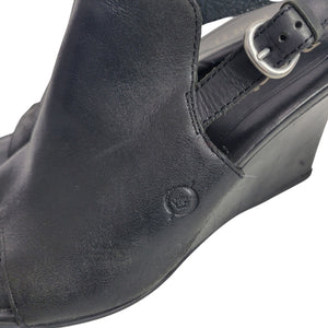 Born Bevi Wedge Heels Black Open Toe Leather Slingback Comfort Cushioned Buckle 7