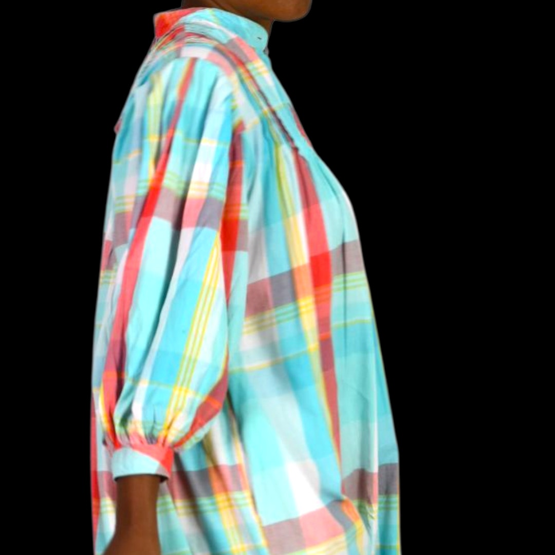 Vintage Saybury Nightshirt Blue Plaid Check Shirtdress Dress Pockets Cotton Pastel Oversized Muumuu Small