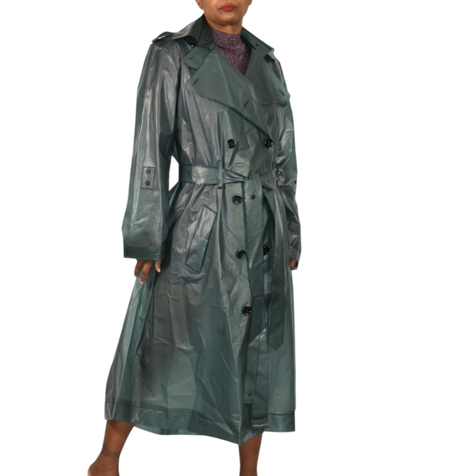 Dorothee Schumacher Techno Transparency Trench Coat Green Teal Vinyl Raincoat Belted Transparent XL