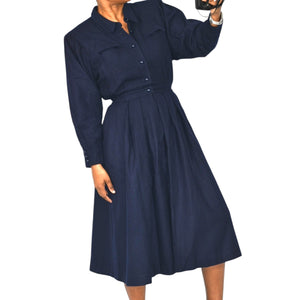 Blue Berry Retro Office Midi Dress Blue Navy Shirt Shoulder Pads Collar Pleated Small 2 4