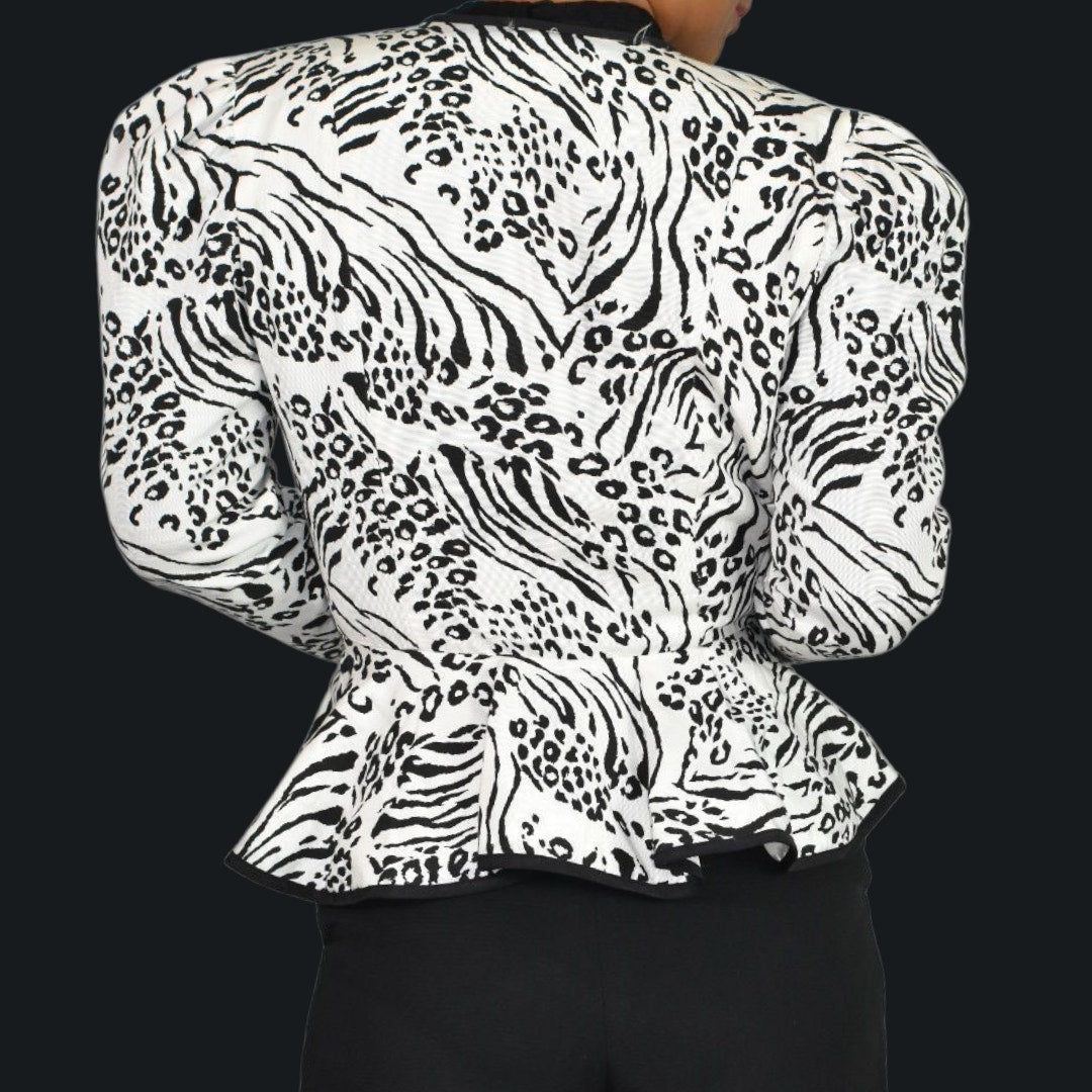 Vintage Jessica Howard 80s Power Blazer Jacket White Black Animal Print Shoulder Pads Peplum Small