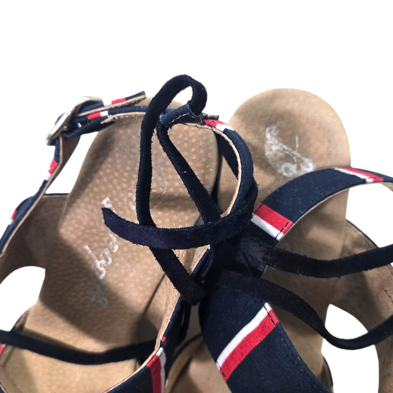 Free People Monaco Clogs Blue Navy Stripe Wrap Chunky Platform Wooden Heels 38 7.5