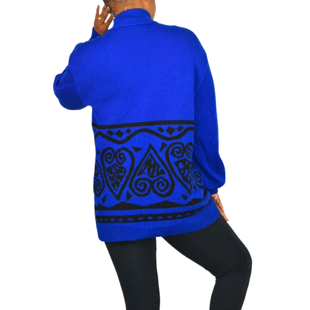 Vintage St John Sportswear Sweater Royal Blue Marie Gray Patterned Turtleneck Medium