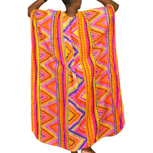 Vintage Abstract Psychedelic Accordion Caftan Dress Pink Geo Neon Dayglo Rainbow Print Maxi 60s 70s One Size S M L