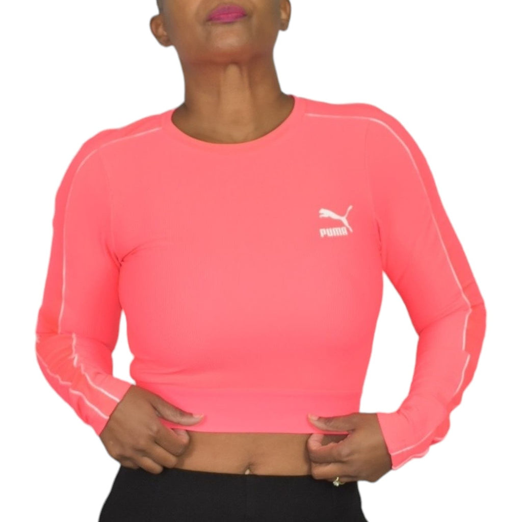 Puma Classics Long Sleeve Crop Top Pink Neon Ribbed Logo Activewear Sport Size Small