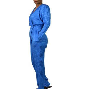 Nora Noh Silk Jumpsuit Blue Vintage Silky Shoulder Pads Tapered Boilersuit Jacquard Small