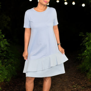 COS Asymmetric Ruffle Dress Blue T-Shirt Knee Length Jersey Crew Neck Casual Short Sleeve Size Medium