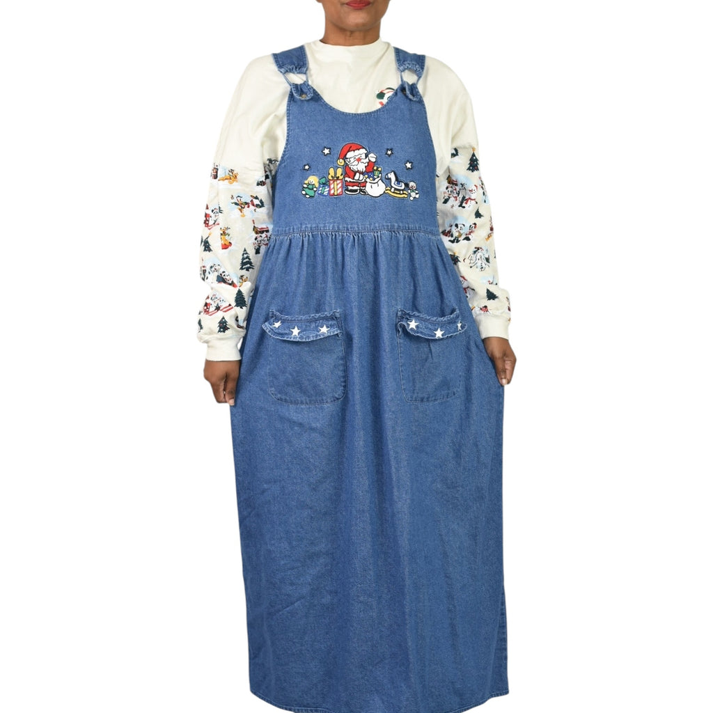 Westbound Vintage Christmas Dress Blue Jean Denim Pinafore Bib Overall Jumper Santa Claus Small