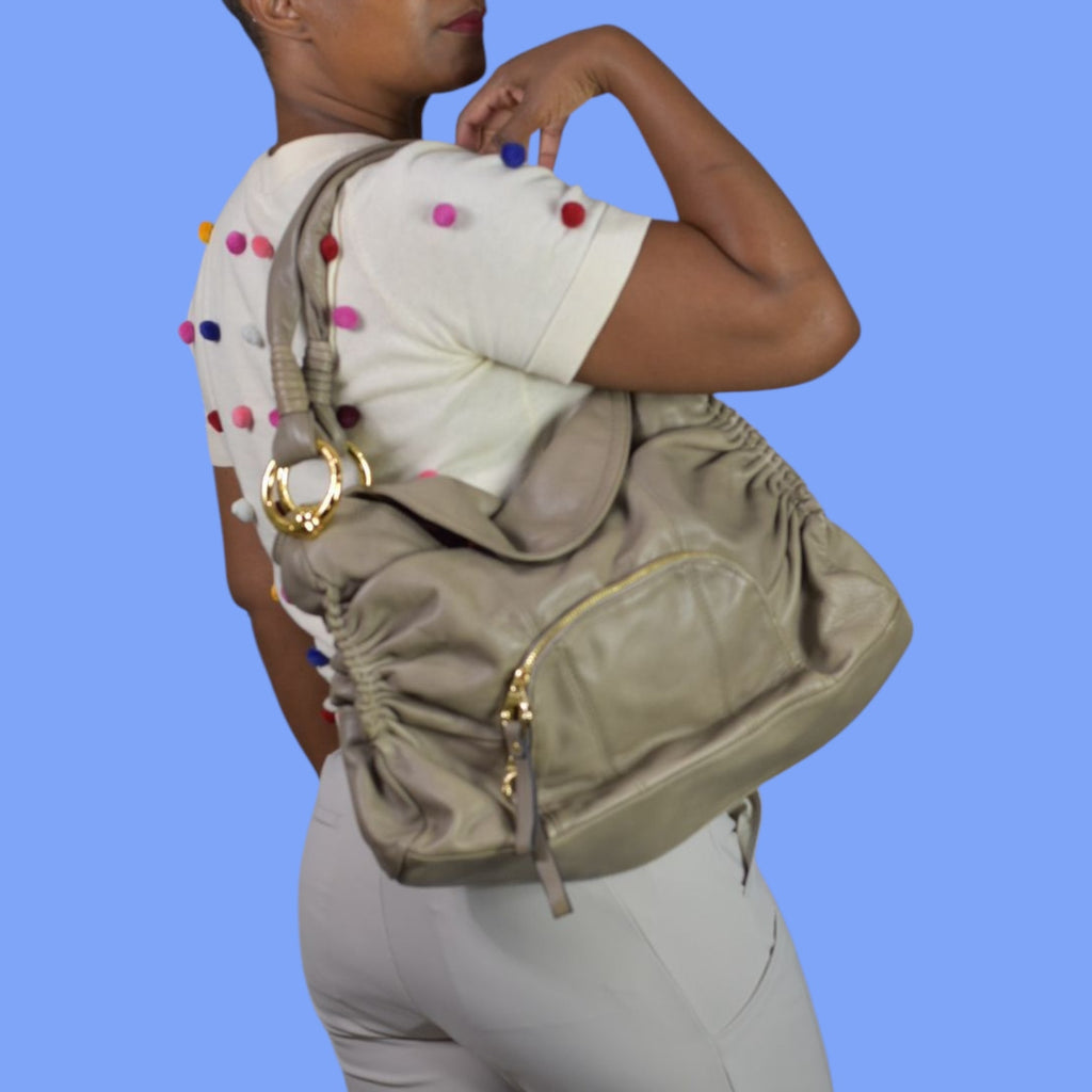 B Makowsky Ripley Leather Shoulder Bag Ruched Fold Over Flap Purse Slouchy Classic Everyday