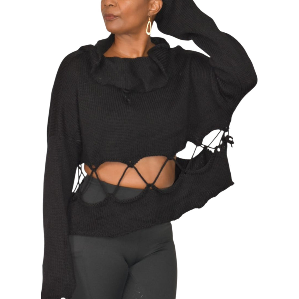 Manuelle Guibal Paris Sweater Black Knit Cropped Cutout Lace Up Long Sleeve Oversized Boxy Large