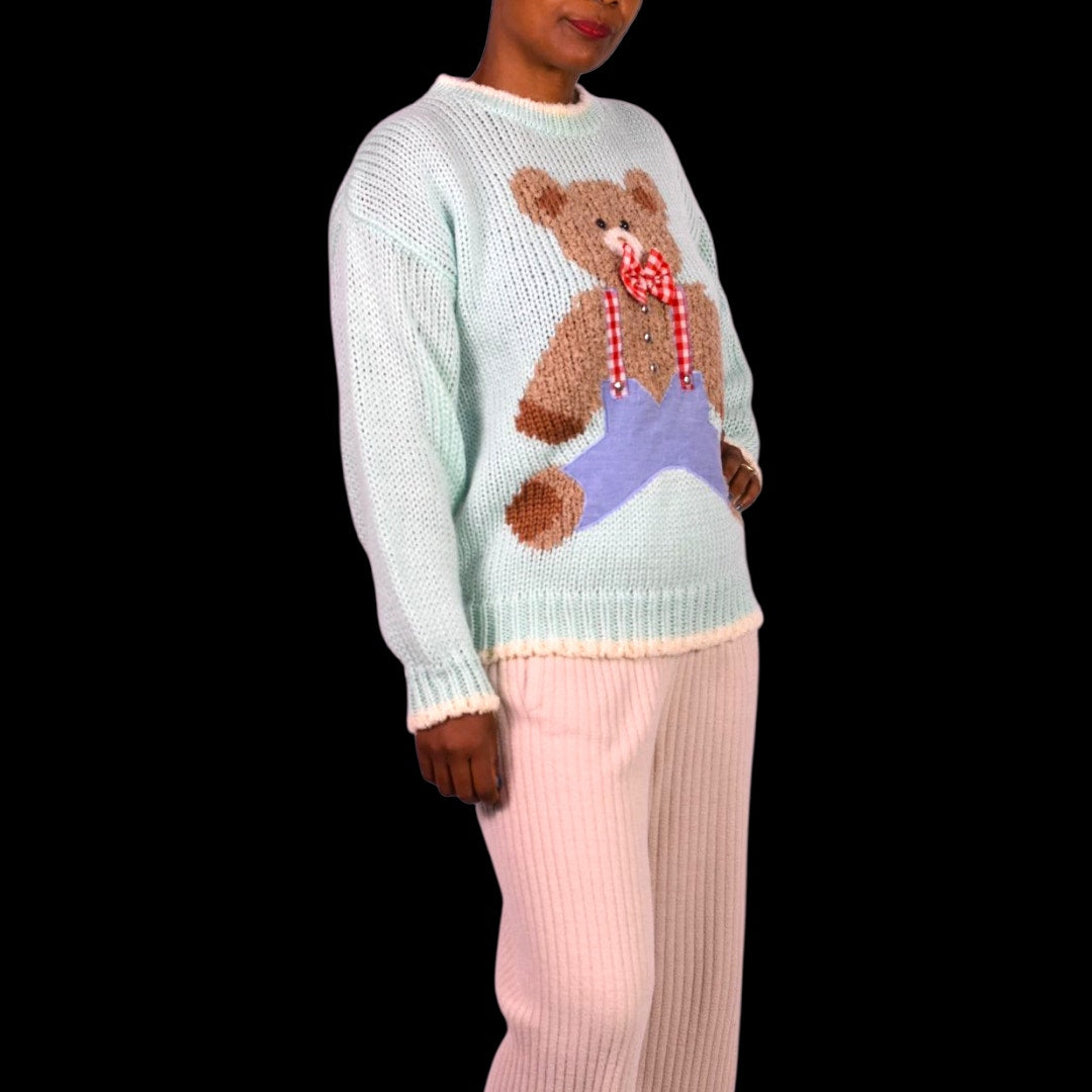 Vintage Far and Near Teddy Bear 3D Sweater Green Pastel Textured Fairy Kei Kawaii 90s Campy Novelty Large