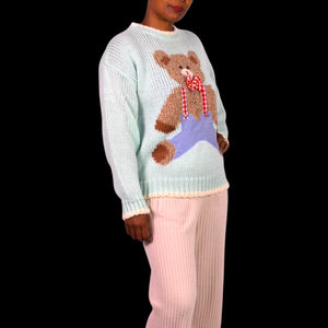 Vintage Far and Near Teddy Bear 3D Sweater Green Pastel Textured Fairy Kei Kawaii 90s Campy Novelty Large