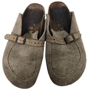 Birkenstock Eaton Suede Clogs Tan Taupe Slides Slip On Leather Mules Buckle 38 7