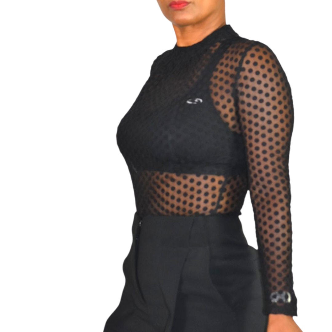 Windsor Sheer Bodysuit Black Flocked Polka Dot Mock Mesh Neck Long Sleeves Top Small
