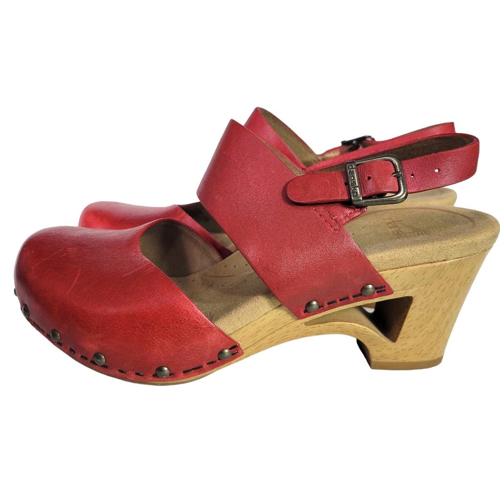 Dansko Thea Clogs Red Wedge Chunky Shoes Leather Comfort Platform Wood Heels Cutout Size 6