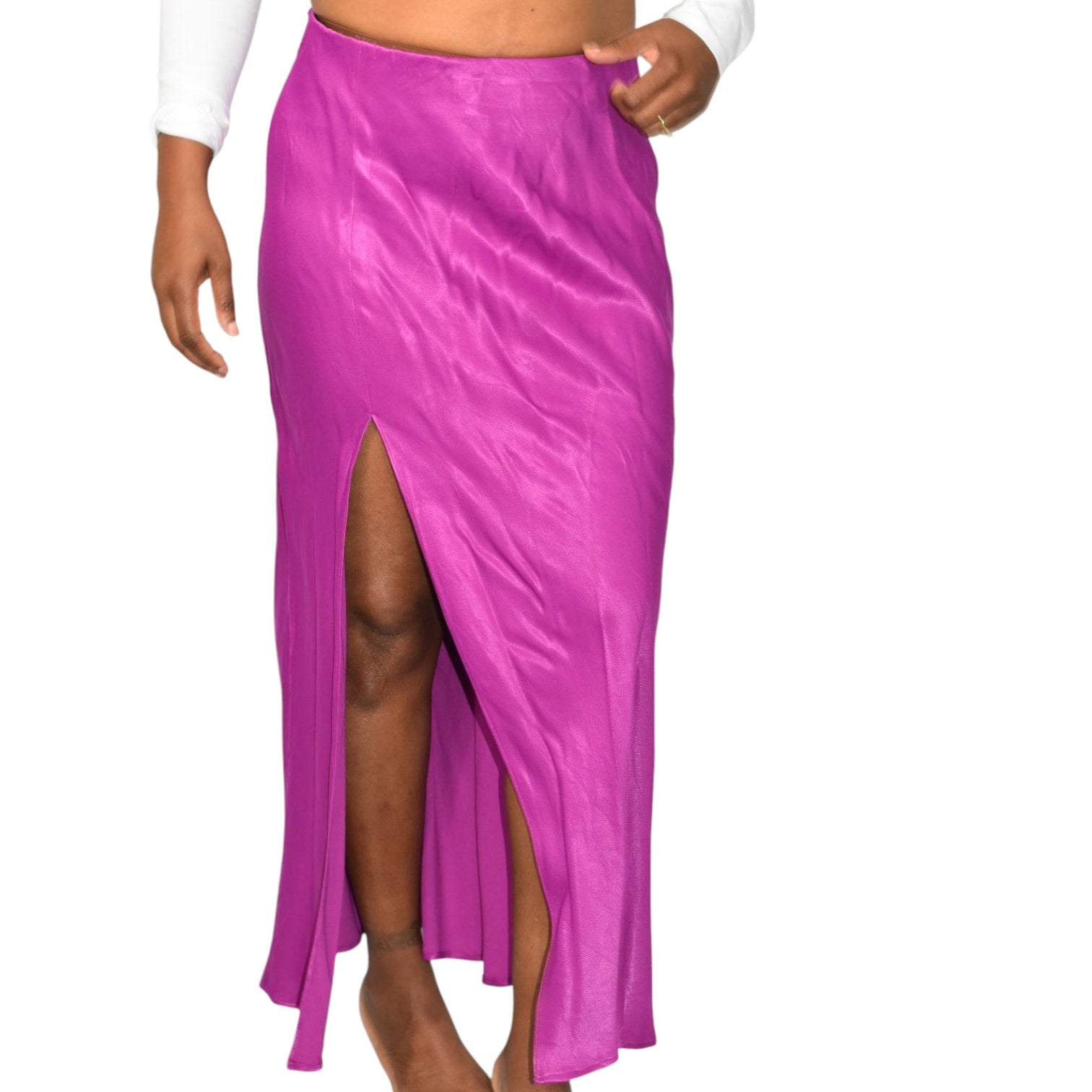Anthropologie Silky Slip Skirt Purple Magenta Thigh Slit Midi Straight Column Viscose Medium