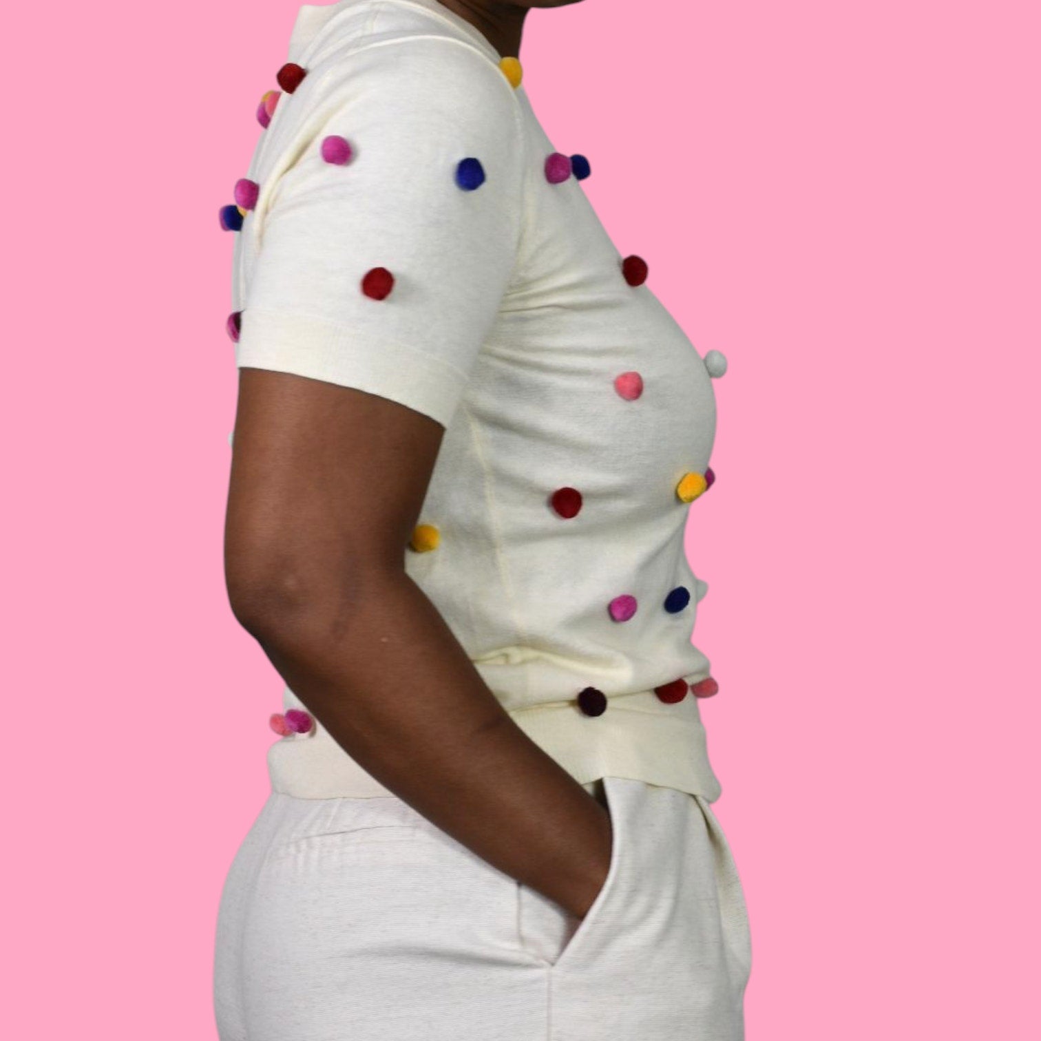 Kate Spade Pom Pom Sweater White Rainbow Colorful Short Sleeve Pullover Embellished Small