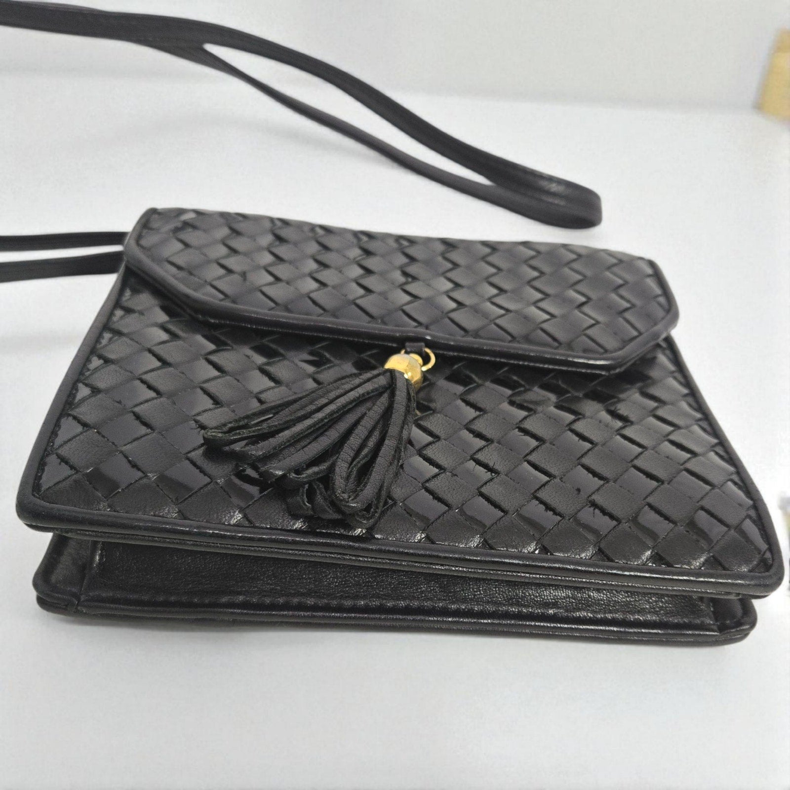 Vintage Talbots Woven Tassel Bag Black Leather Crossbody Mini Box Square Snap Flap Envelope