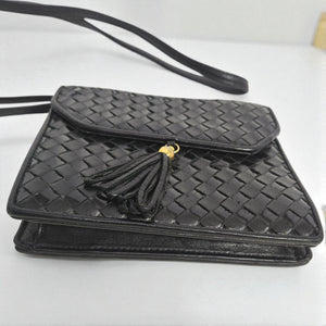 Vintage Talbots Woven Tassel Bag Black Leather Crossbody Mini Box Square Snap Flap Envelope