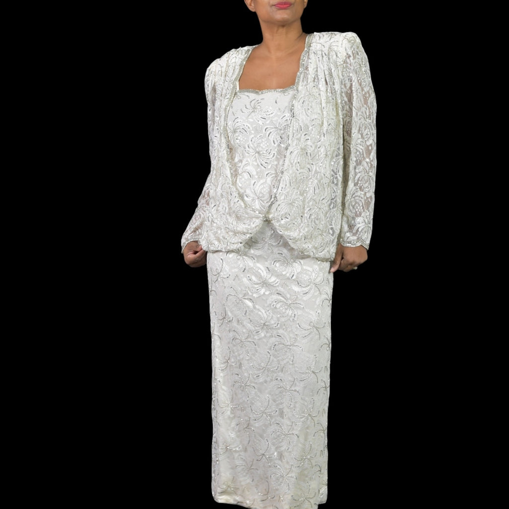 Vintage Beaded Lace Dress White 80s Sequin Long Maxi Blouson Column Handmade Bespoke Shoulder Pads Small