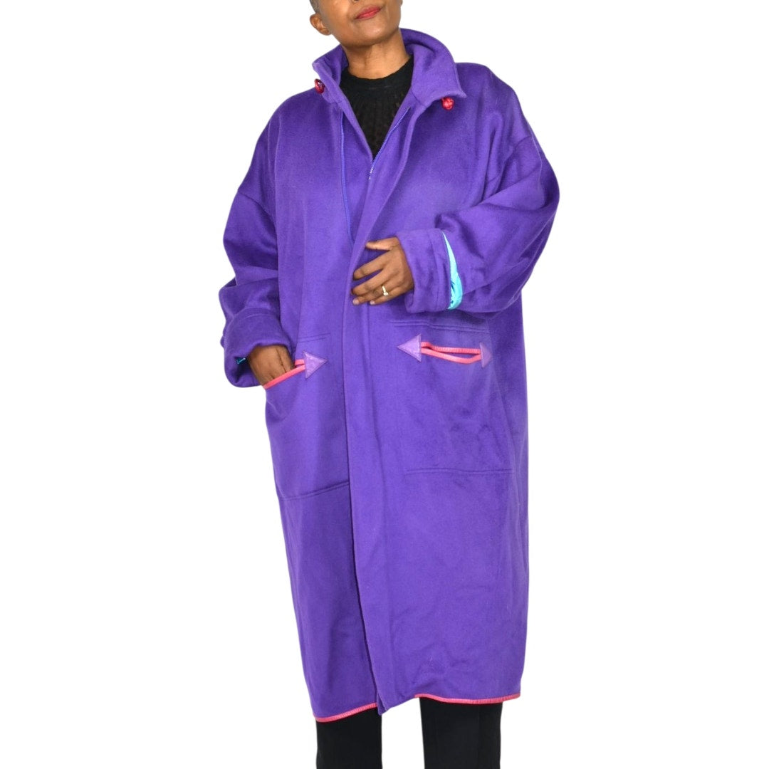 Vintage Purple Maxi Coat 90s Zip Felted Wool Blend Oversized Leather Trim Long Large OSFM