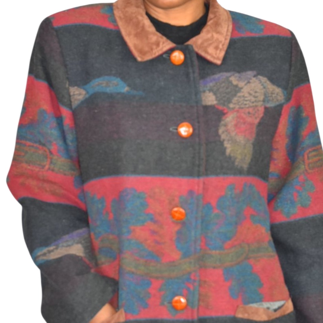 VINTAGE Flytime Tapestry Mallard Coat Italy Wool Duck Foliage Oversized Medium
