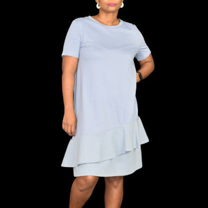 COS Asymmetric Ruffle Dress Blue T-Shirt Knee Length Jersey Crew Neck Casual Short Sleeve Size Medium