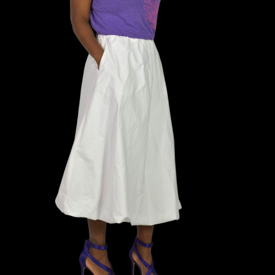 Zara Bubble Midi Skirt White Poplin Balloon Hem Pockets Billowy Elastic Waist XS