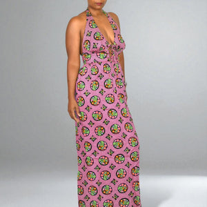 Vintage Beach Mates Halter Maxi Dress Pink Acrylic Floral Print Check Garden 70s Coverup Hippie Small
