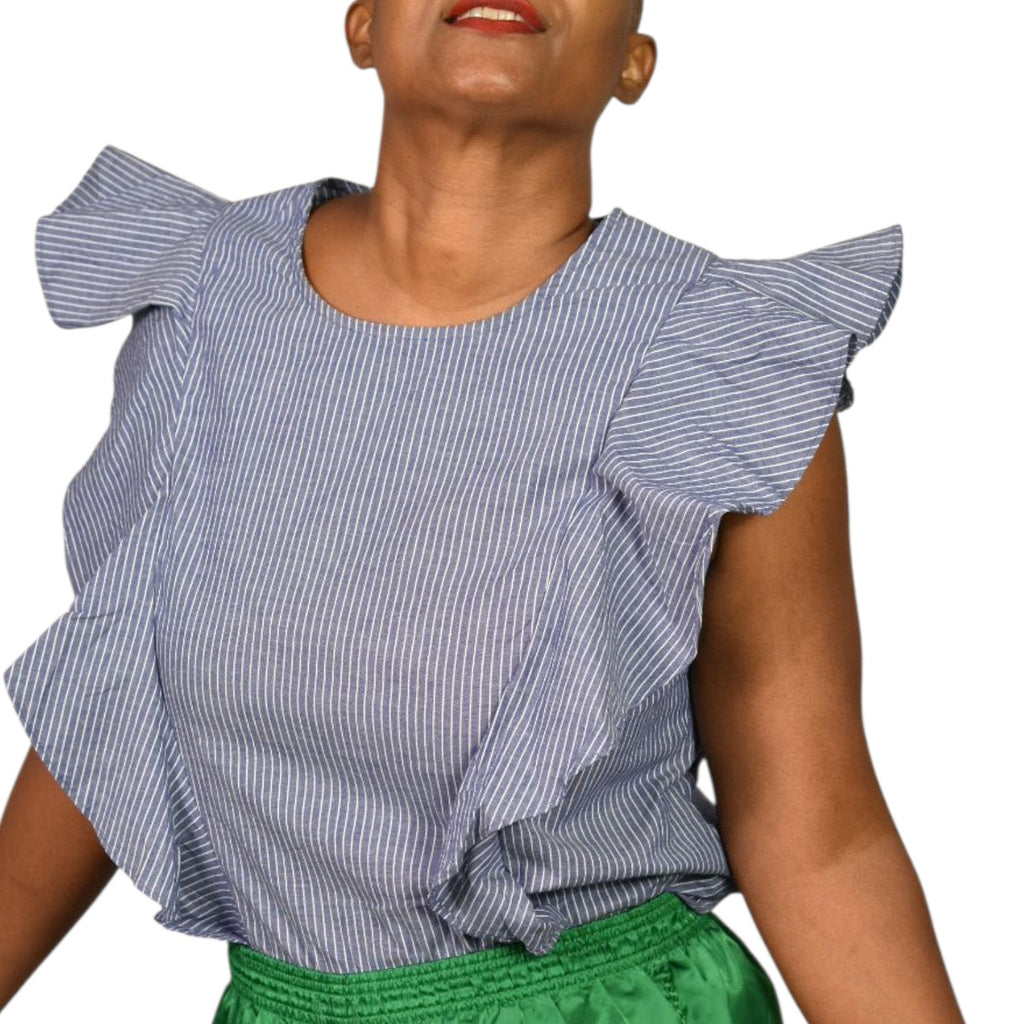 Guest Editor Flutter Sleeve Top Blue Pinstripe Stripe Keyhole Ruffle Cotton Stretch Blouse Medium