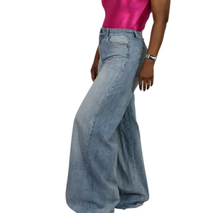 Zara Ultra Flare Jeans Blue Denim Slouchy Cotton Long Inseam Elephant Wide Leg Twisted Seams High Rise 4