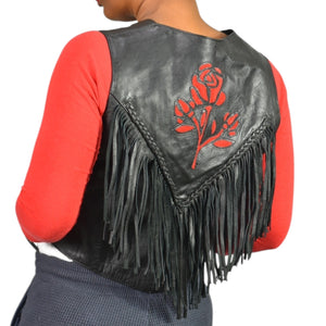 Vintage Hot Leathers Biker Rose Fringe Vest Black Leather Laced Retro Embroidery Moto Large