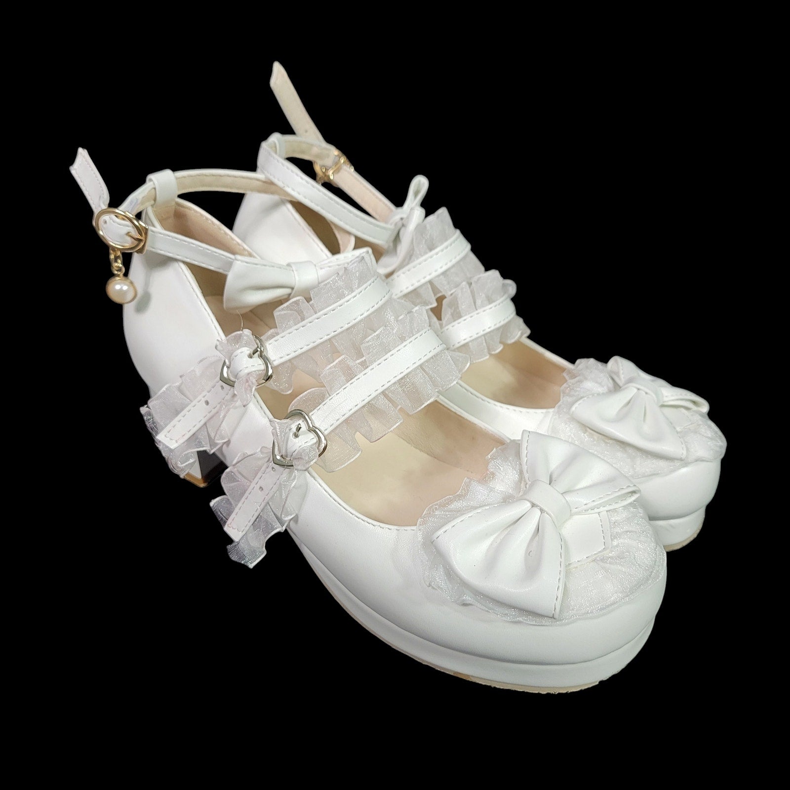 Lolita Mary Jane Shoes White Bows Ribbons Chunky Block Heels Platform Coquette Frilly Size 8