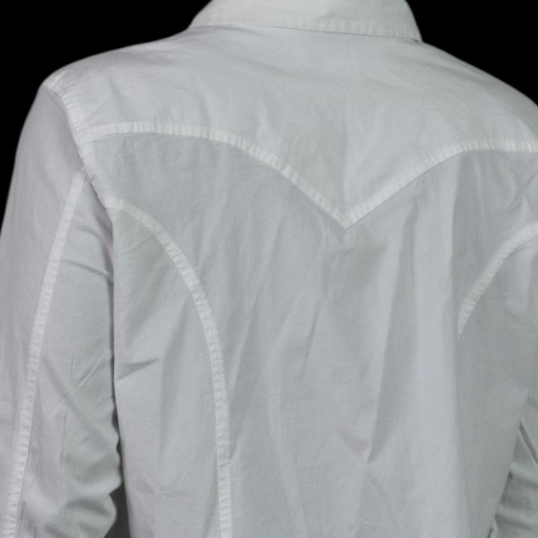 Back in the Saddle White Shirt Equestrian Cowgirl Collared Button Front Ruffled Fitted Tailored Large
