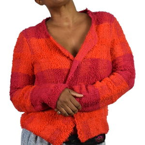 Marc Cain Boucle Sweater Jacket Pink Colorblock Furry Texture Pile Cardigan Wool Alpaca Open Size 6